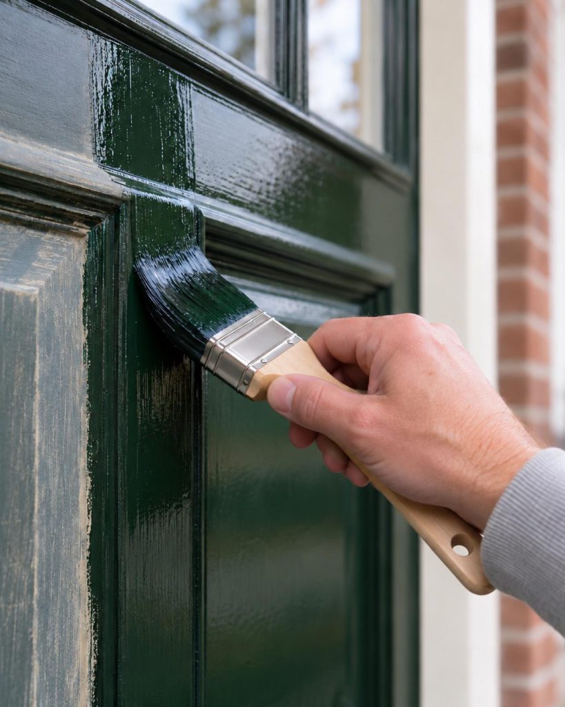 Kwast zet dennengroene lak op een houten voordeur