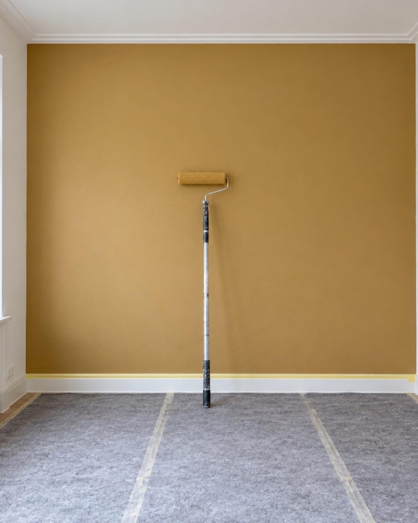 Lege kamer met een okergele wand en een roller op een steel