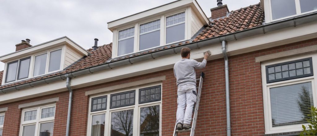 Schilder op een ladder schuurt het boeiboord van een rijtjeshuis
