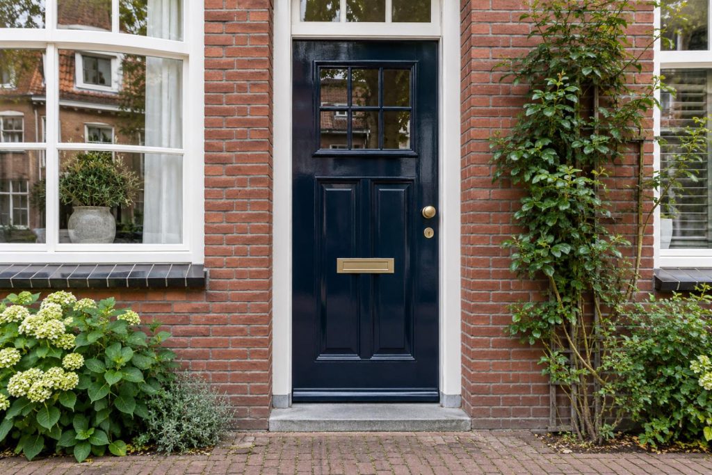 Voordeur van een rijtjeshuis, gelakt in staalblauw