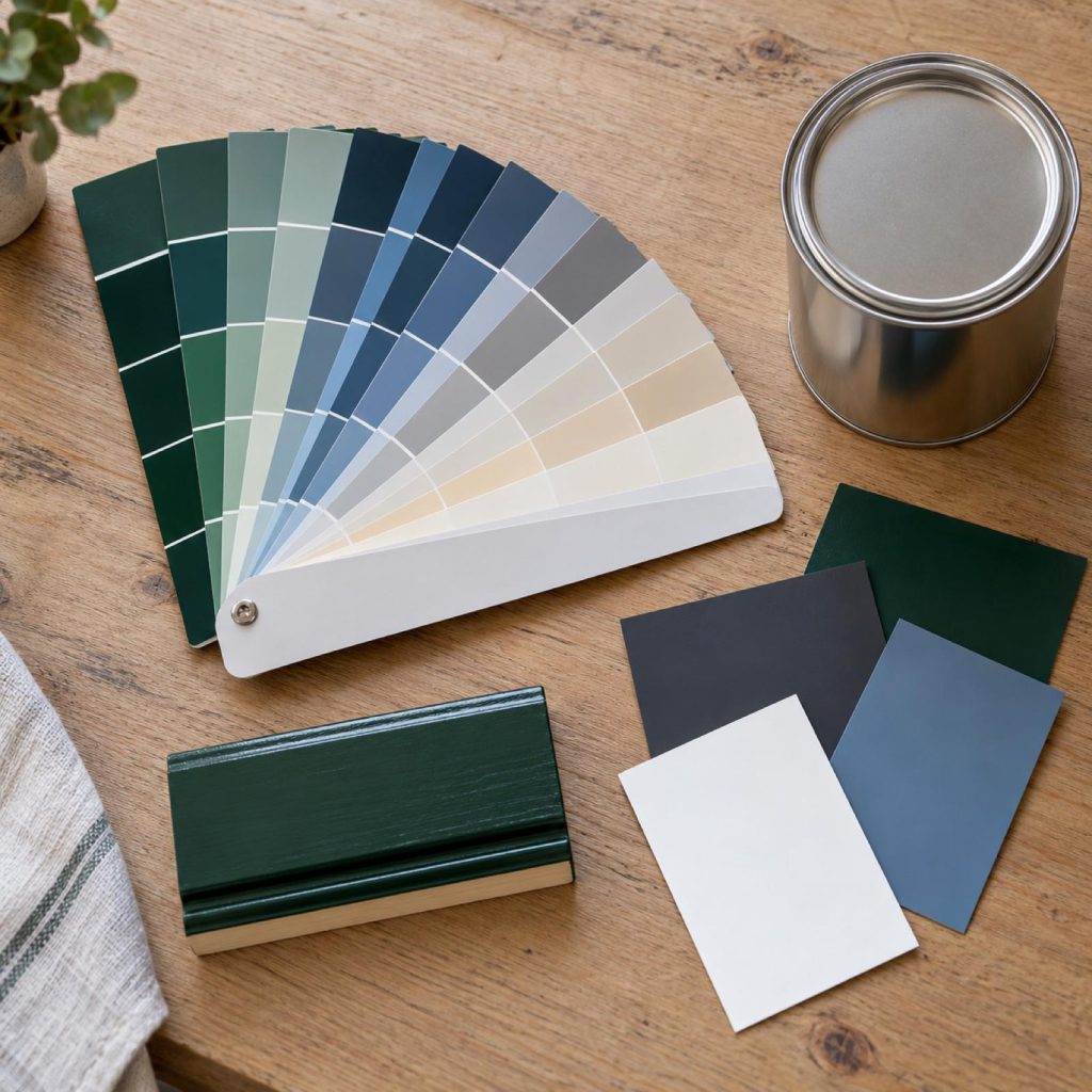 Kleurenwaaier, kleurkaartjes en een verfblik op een houten tafel